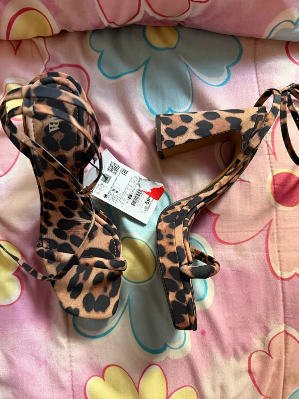 ZARA Leopard-Print Ankle-Tie Heeled Sandals - Brown/Black - Picture 2 of 7